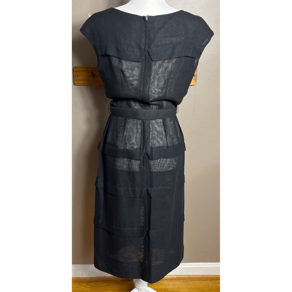 Vintage Black Dress Fitted Sheer Belt Midi Classic Cap Sleeve Pristine Womens S - Picture 2 of 12